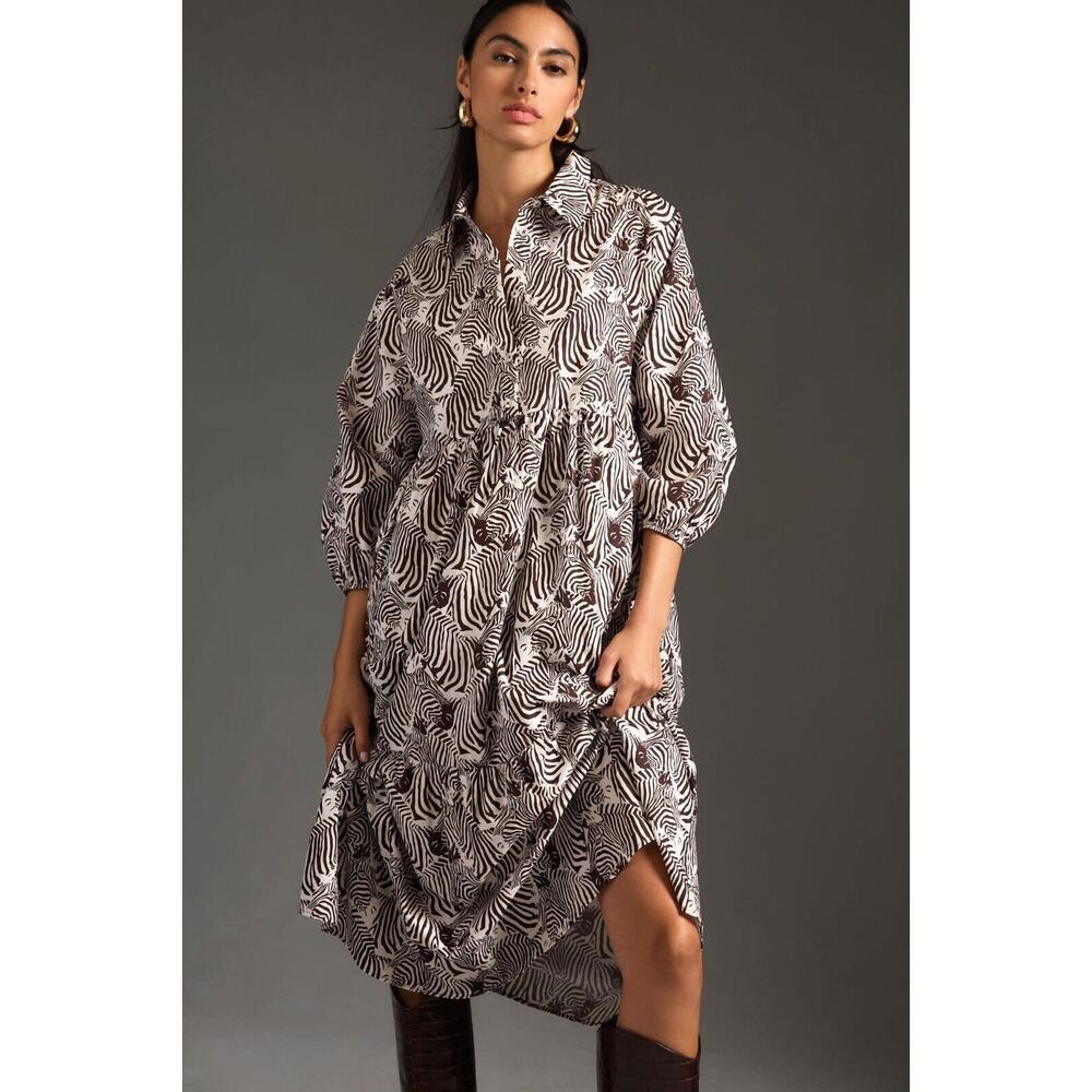 Anthro Maeve Bettina Tiered Shirt Buttondown Zebra, Size XXS - Picture 2 of 6